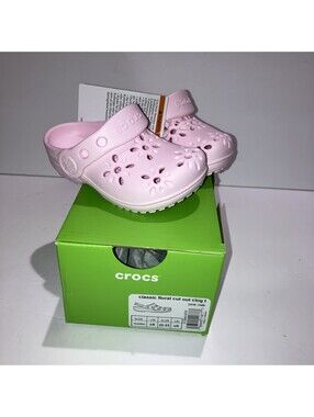 Crocs Classic Floral Cut Out Clog Kids 6 C Pink Milk Comfort Sandals NEW